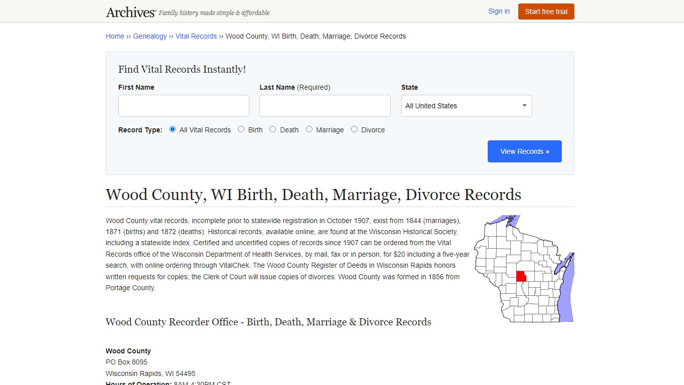 Wood County, WI Birth, Death, Marriage, Divorce Records