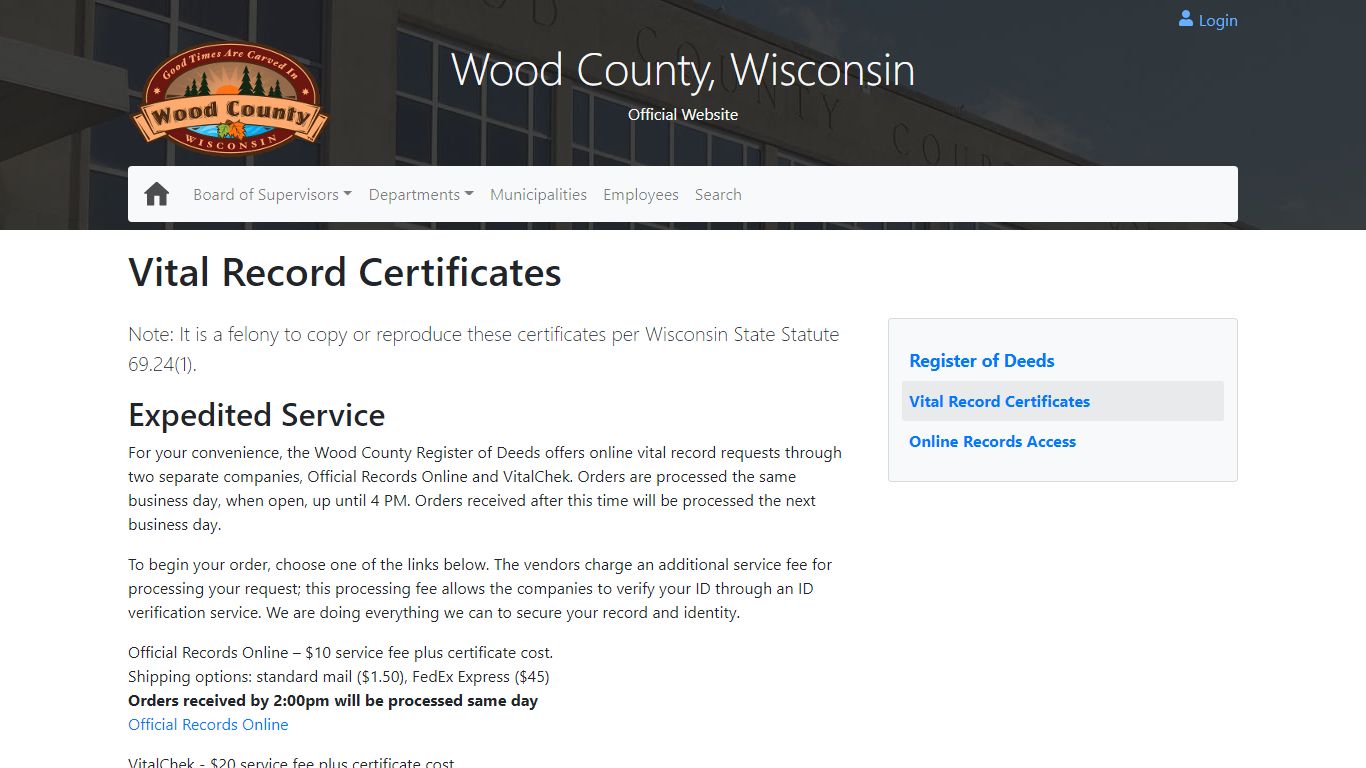 Vital Record Certificates - Wood County Wisconsin